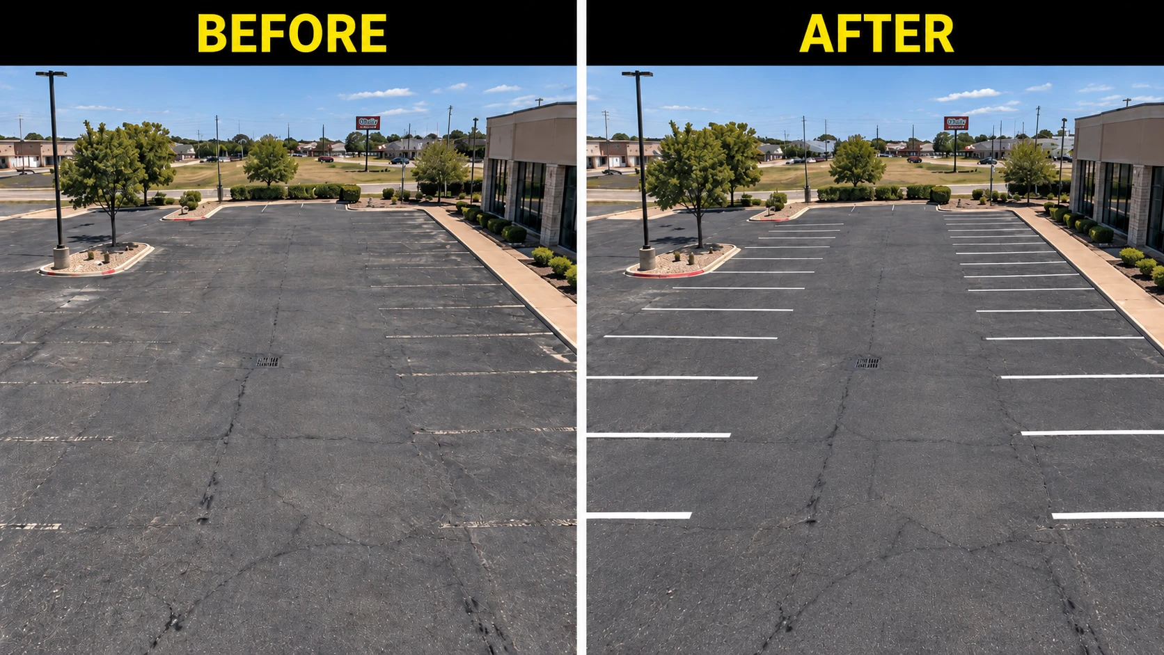 Before and after comparison of a commercial parking lot: cracked, unmarked asphalt on the left, freshly striped parking stalls on the right