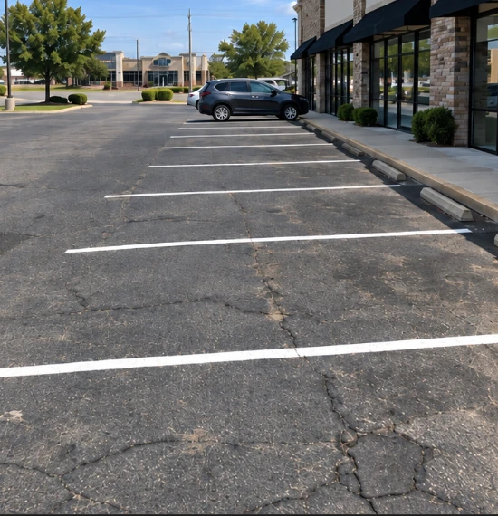 Fresh white parking stall lines painted over a cracked asphalt lot next to a storefront